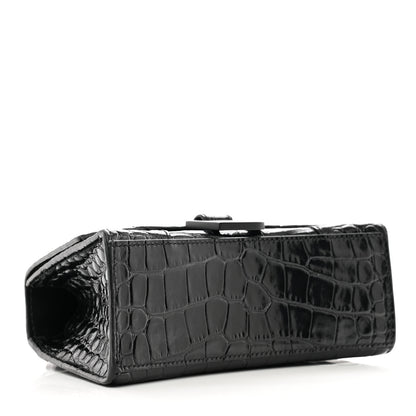 Balenciaga Shiny Calfskin Monochrome Crocodile Embossed Hourglass Top Handle Bag XS Black 4 of 11