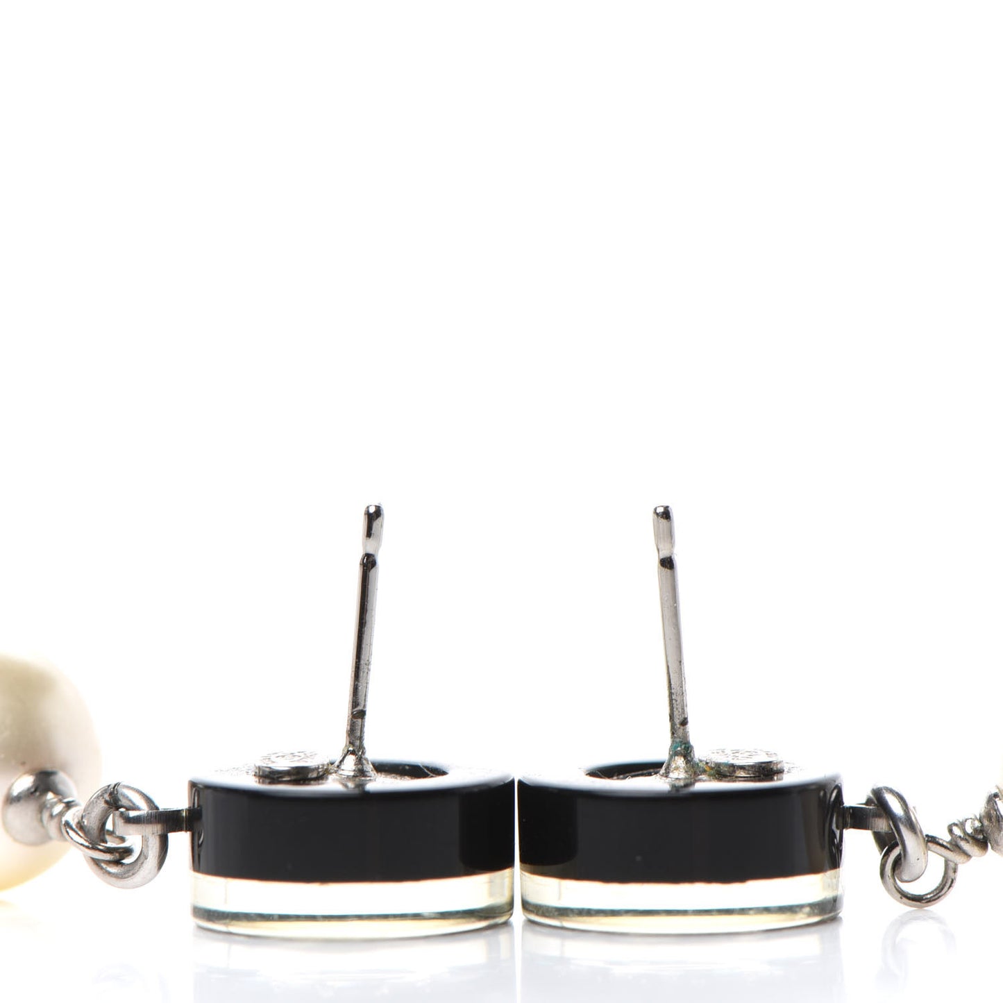 Resin Strass Pearl CC Drop Earrings Black Silver