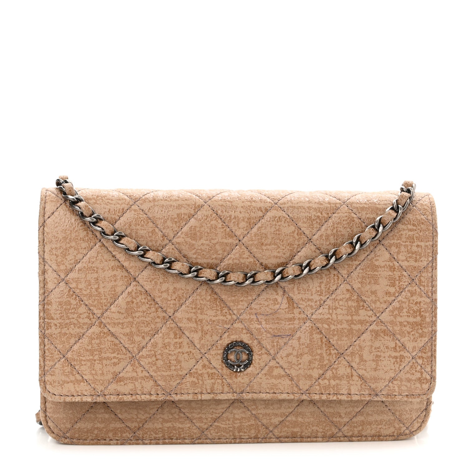 Chanel Crackled Coated Fabric Quilted Wallet On Chain WOC Beige 1 of 12