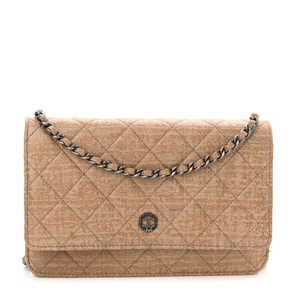 Chanel Crackled Coated Fabric Quilted Wallet On Chain WOC Beige 1 of 12