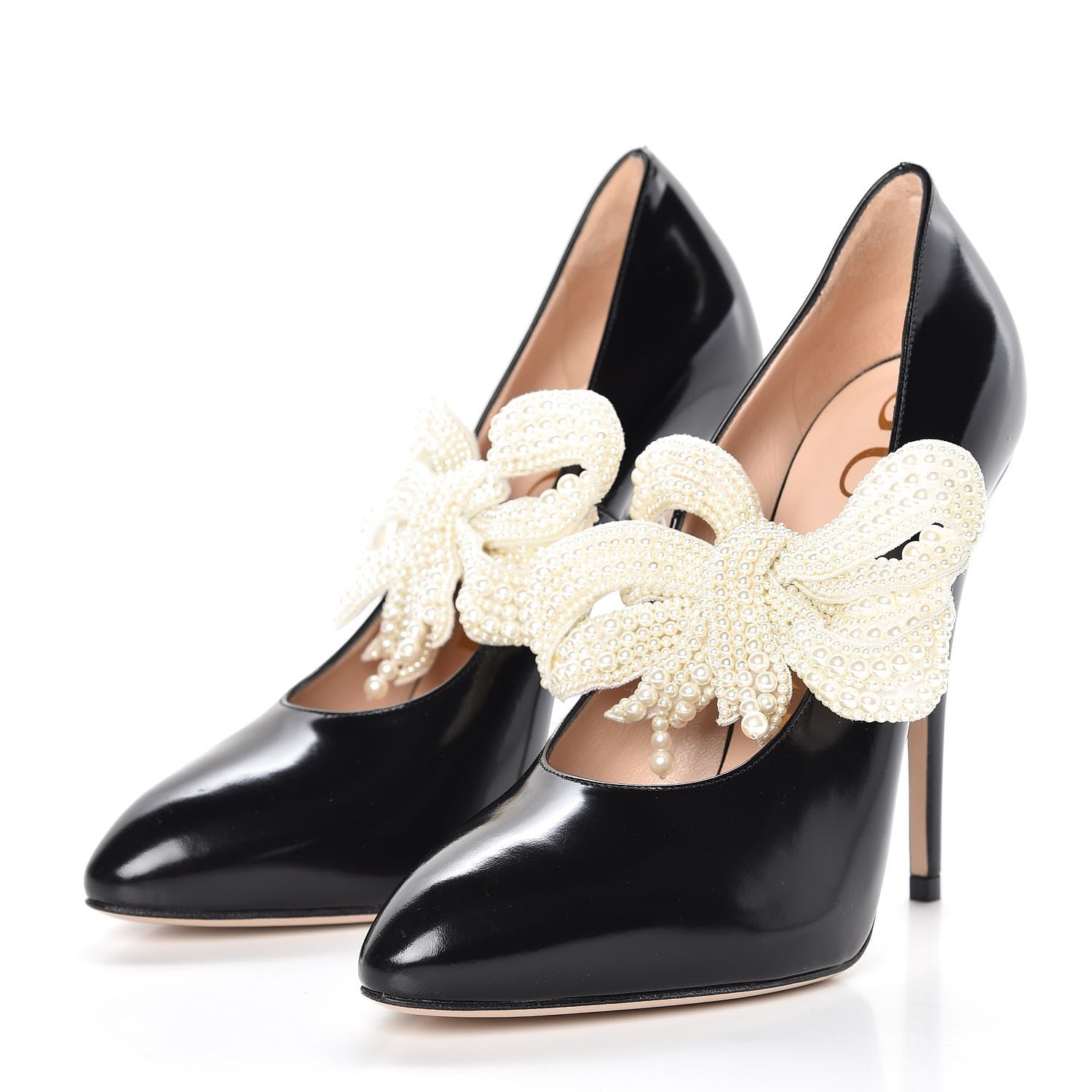Gucci Polished Calfskin Removable Pearly Bow Elaisa Platform High Heel Pumps 36 Black 4 of 11