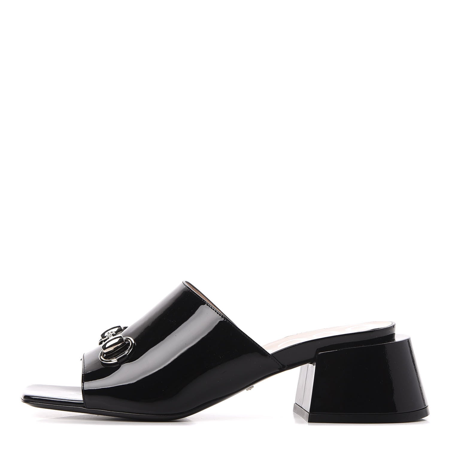 Gucci Patent Lexi Horsebit Mid-Heel Slide Sandals 38.5 Black 1 of 12