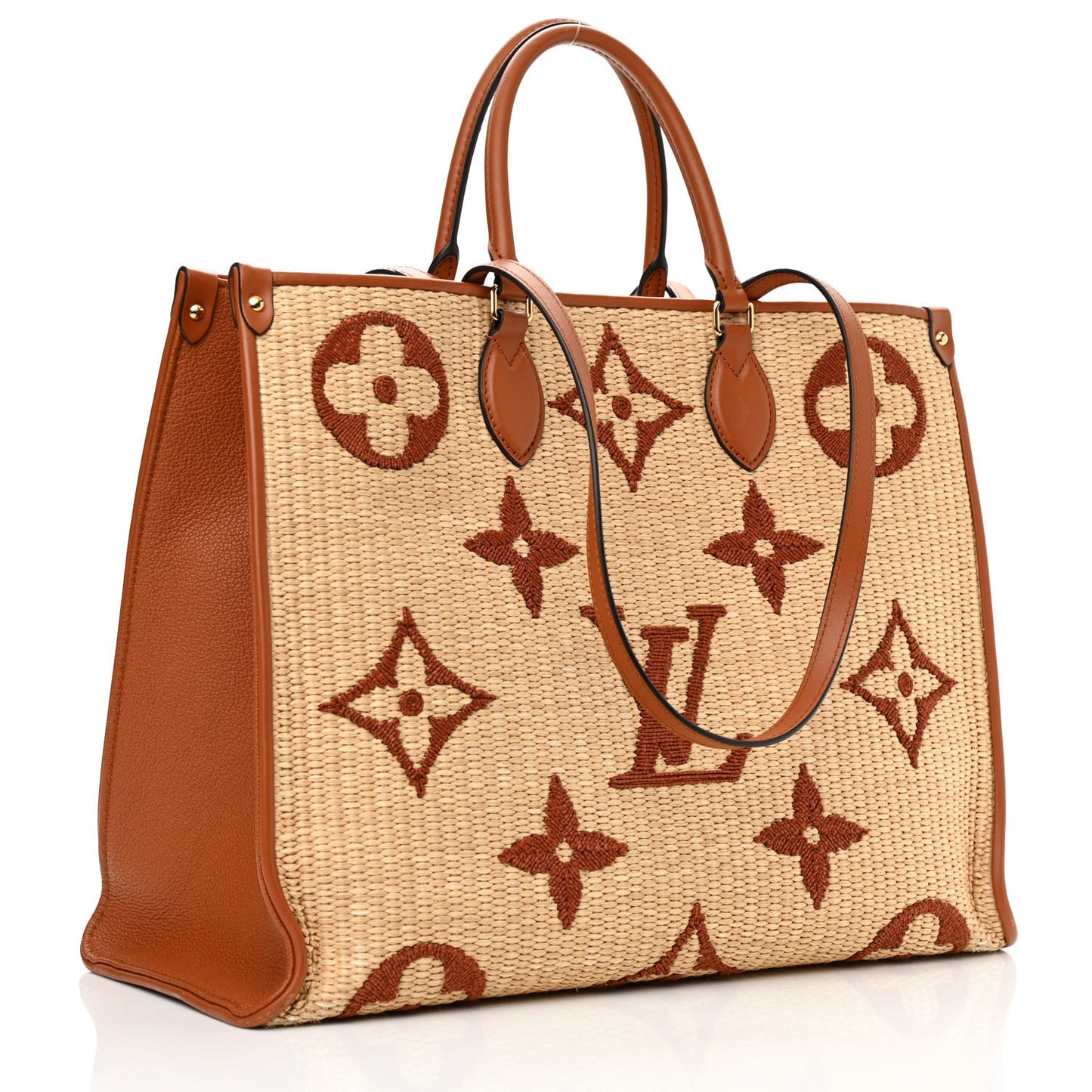 Raffia Calfskin Monogram Giant Onthego MM Tan