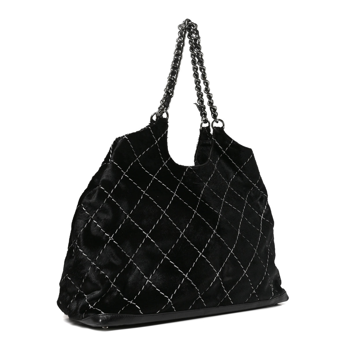 Pony Hair Double Contrast Stitch Tote Black