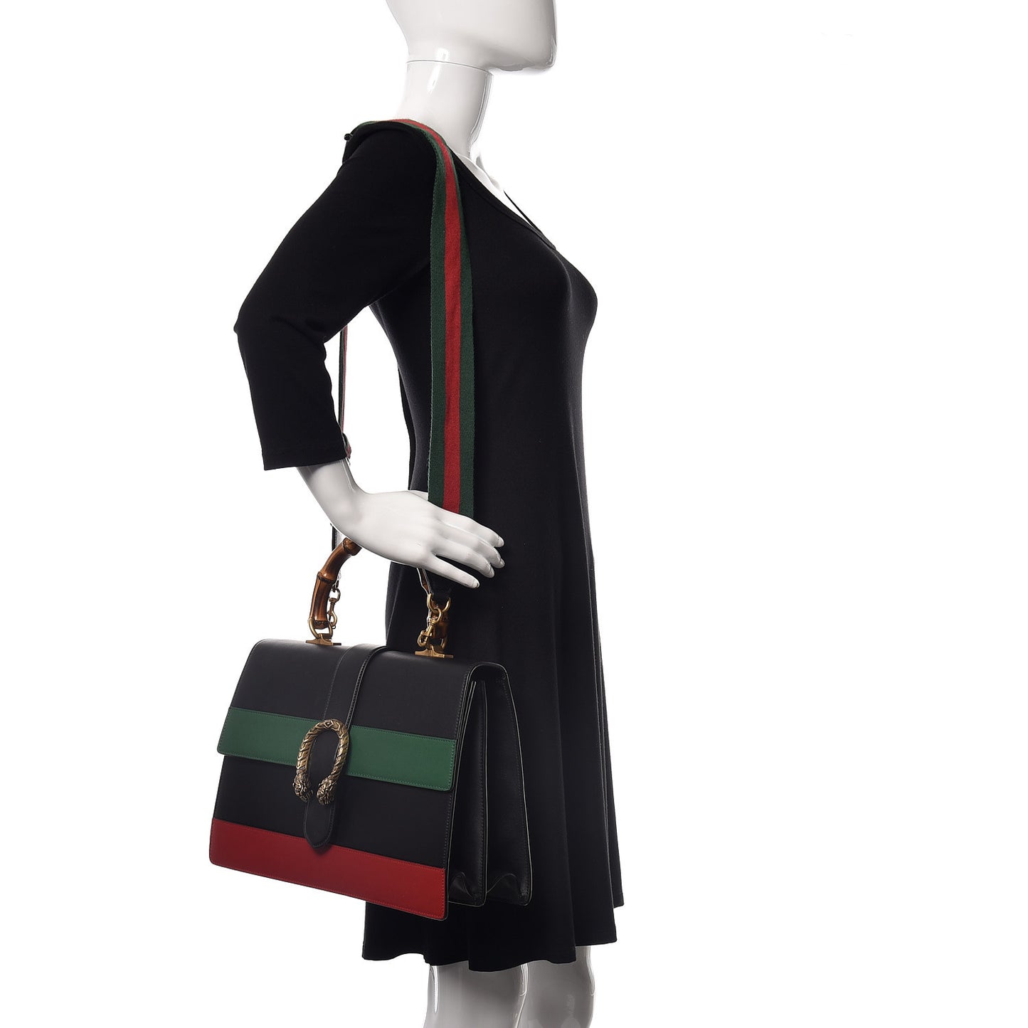 Calfskin Bamboo Web Large Dionysus Top Handle Bag Black Bright Evergreen Hibiscus Red