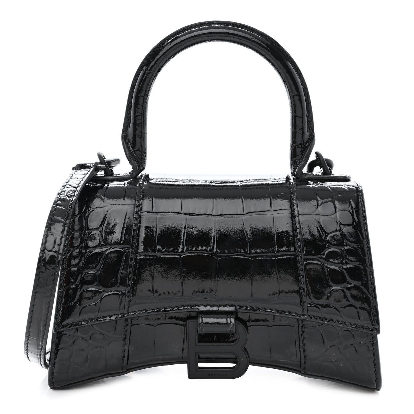 Shiny Calfskin Monochrome Crocodile Embossed Hourglass Top Handle Bag XS Black