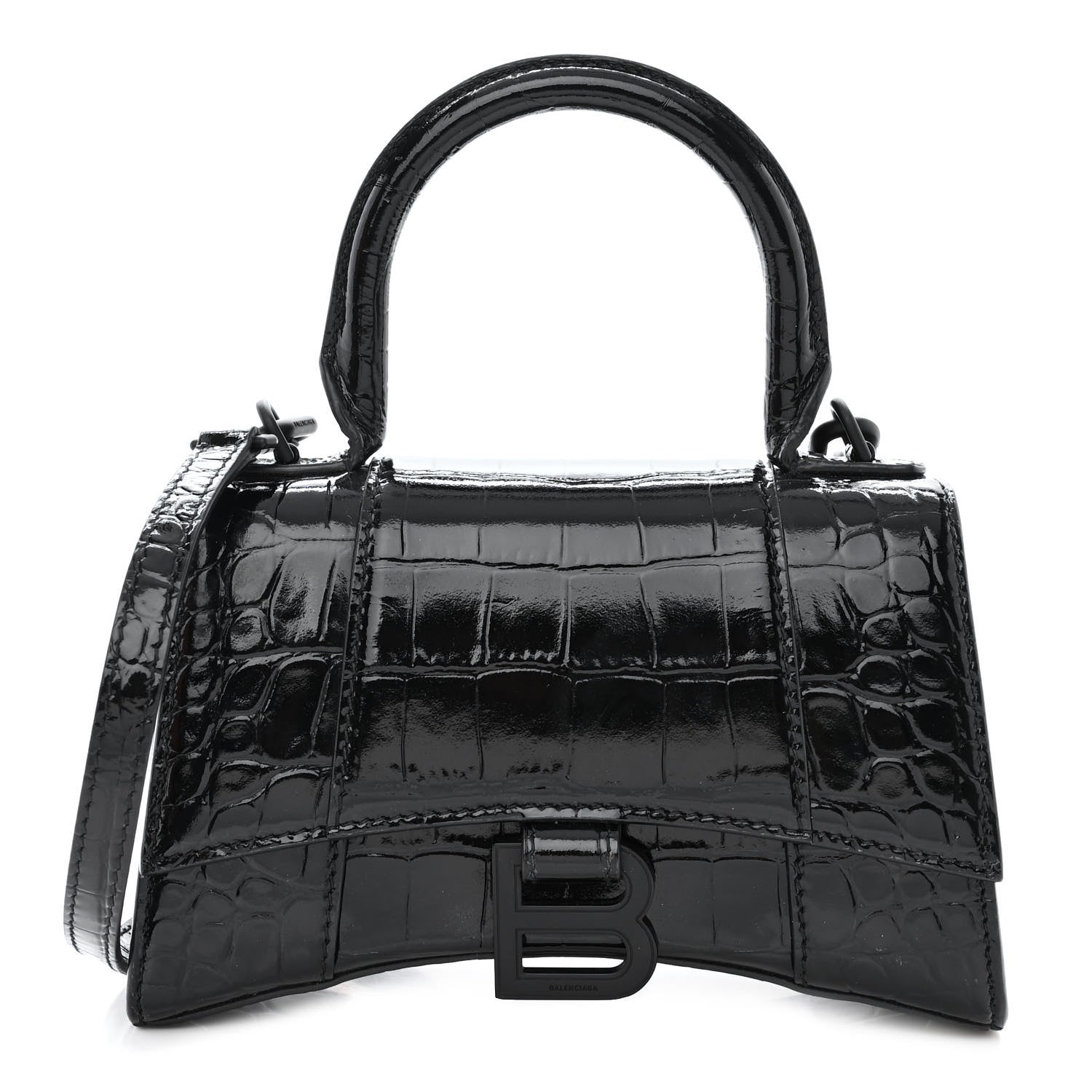 Balenciaga Shiny Calfskin Monochrome Crocodile Embossed Hourglass Top Handle Bag XS Black 1 of 13