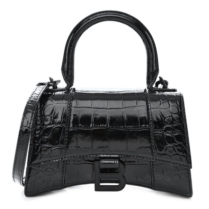 Balenciaga Shiny Calfskin Monochrome Crocodile Embossed Hourglass Top Handle Bag XS Black 1 of 13