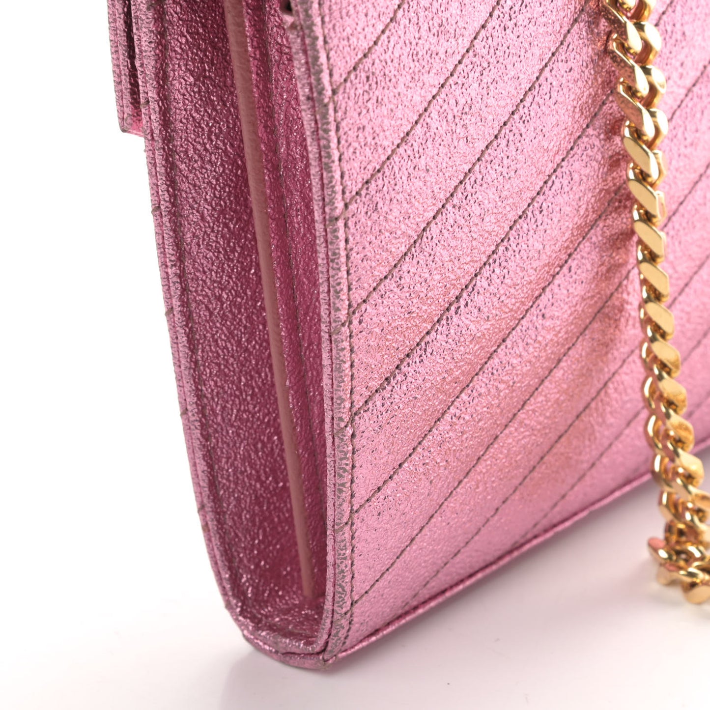 Metallic Crackled Calfskin Matelasse Chevron Monogram Chain Wallet Light Pink