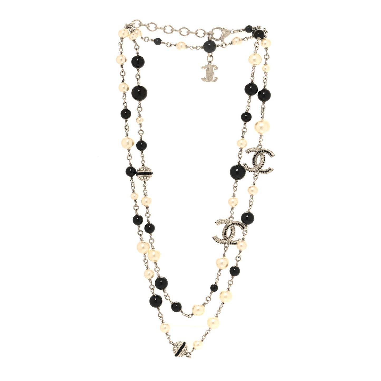 Metal Pearl Crystal Bead CC Long Necklace Silver Black