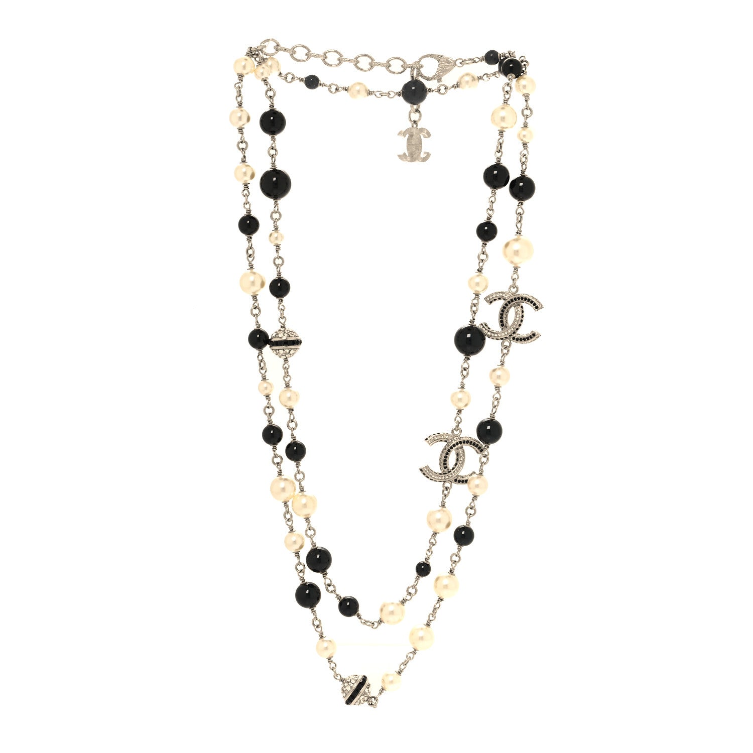 Chanel Metal Pearl Crystal Bead CC Long Necklace Silver Black 3 of 4