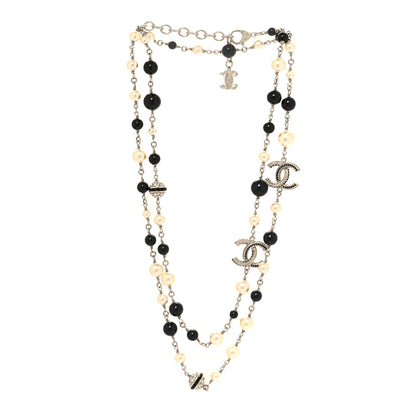 Chanel Metal Pearl Crystal Bead CC Long Necklace Silver Black 3 of 4