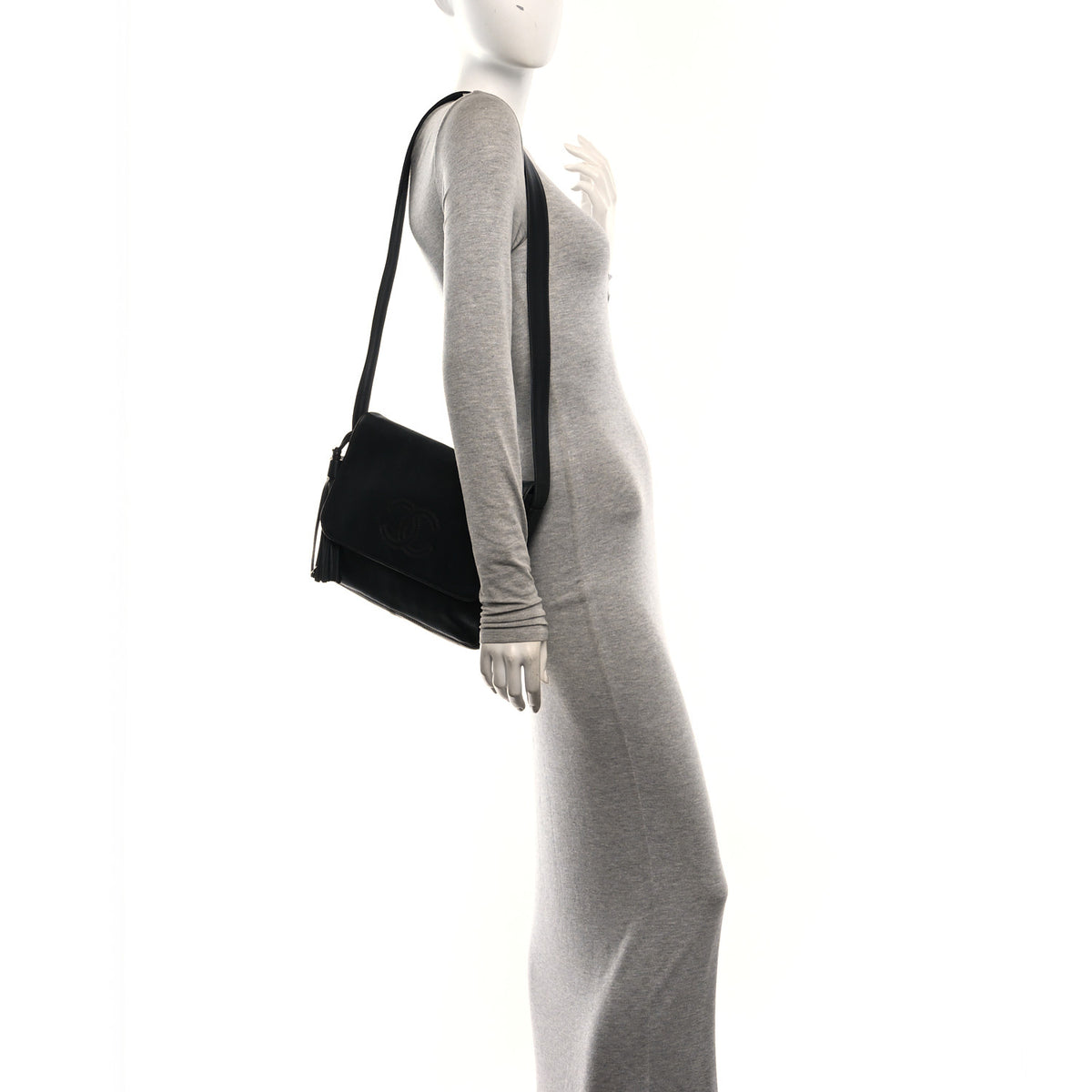 Lambskin CC Tassel Shoulder Flap Bag Black