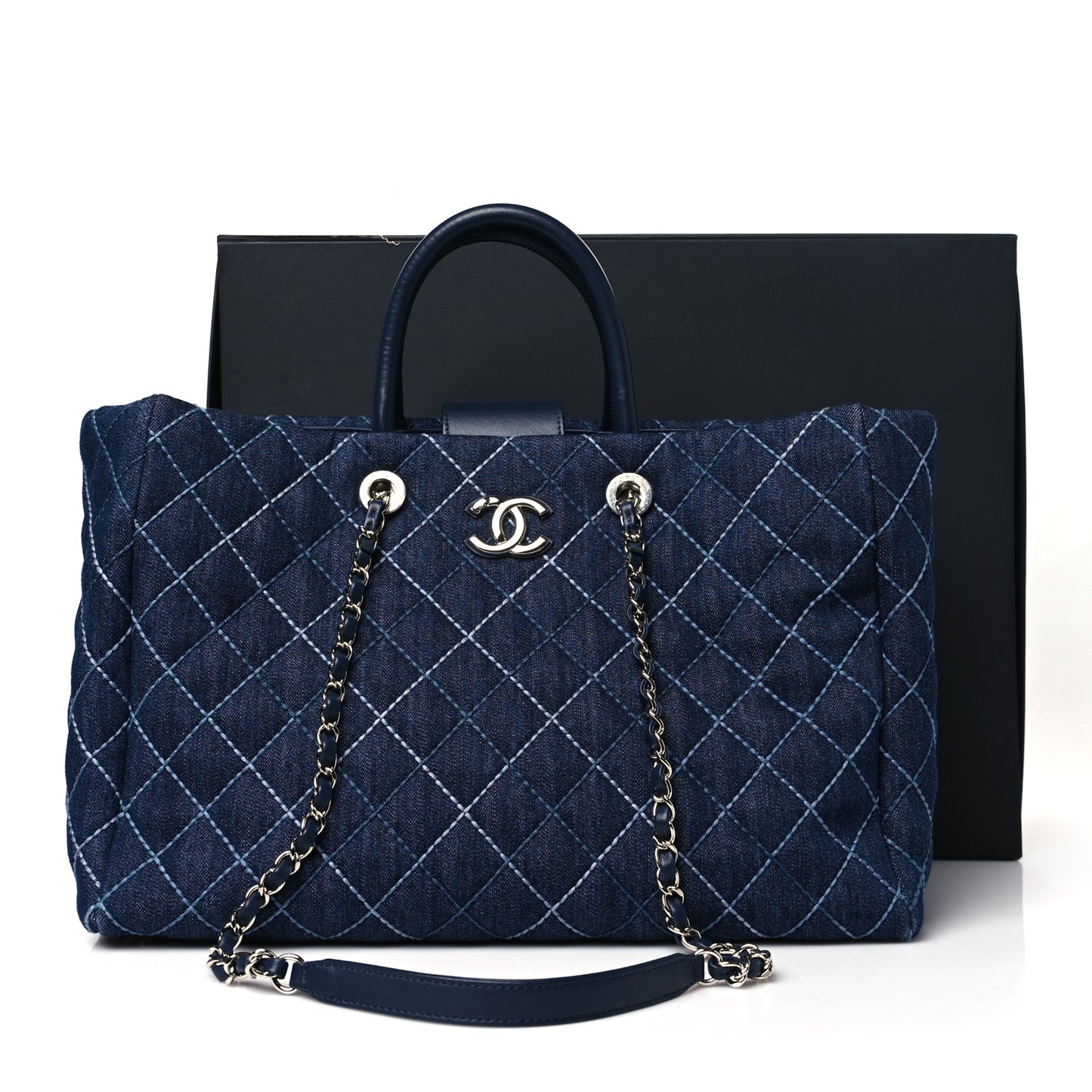 Denim Quilted Medium Coco Handle Shopping Tote Blue