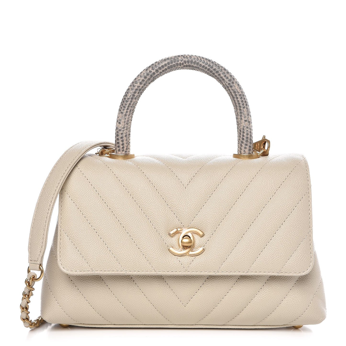 Caviar Lizard Chevron Quilted Mini Coco Handle Flap Ivory