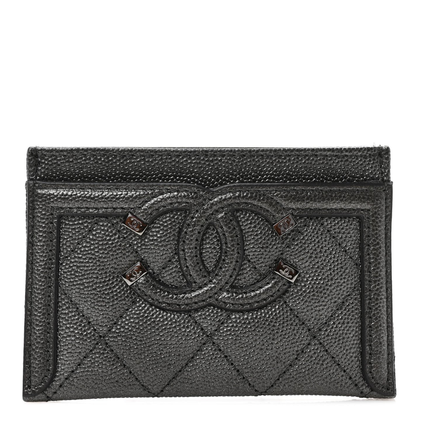 Metallic Caviar Quilted Filigree Card Holder Dark Silver