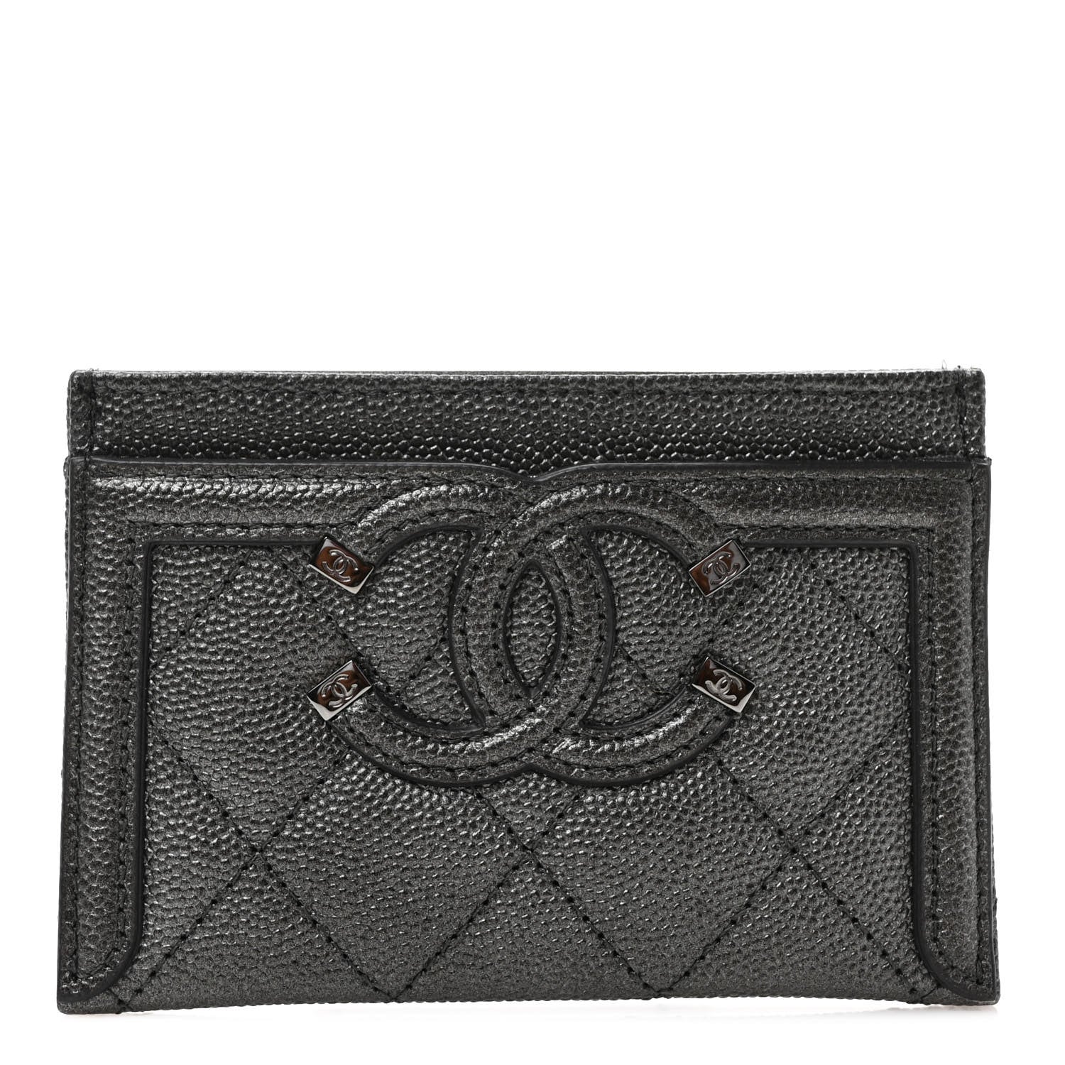 Chanel Metallic Caviar Quilted Filigree Card Holder Dark Silver 1 of 9