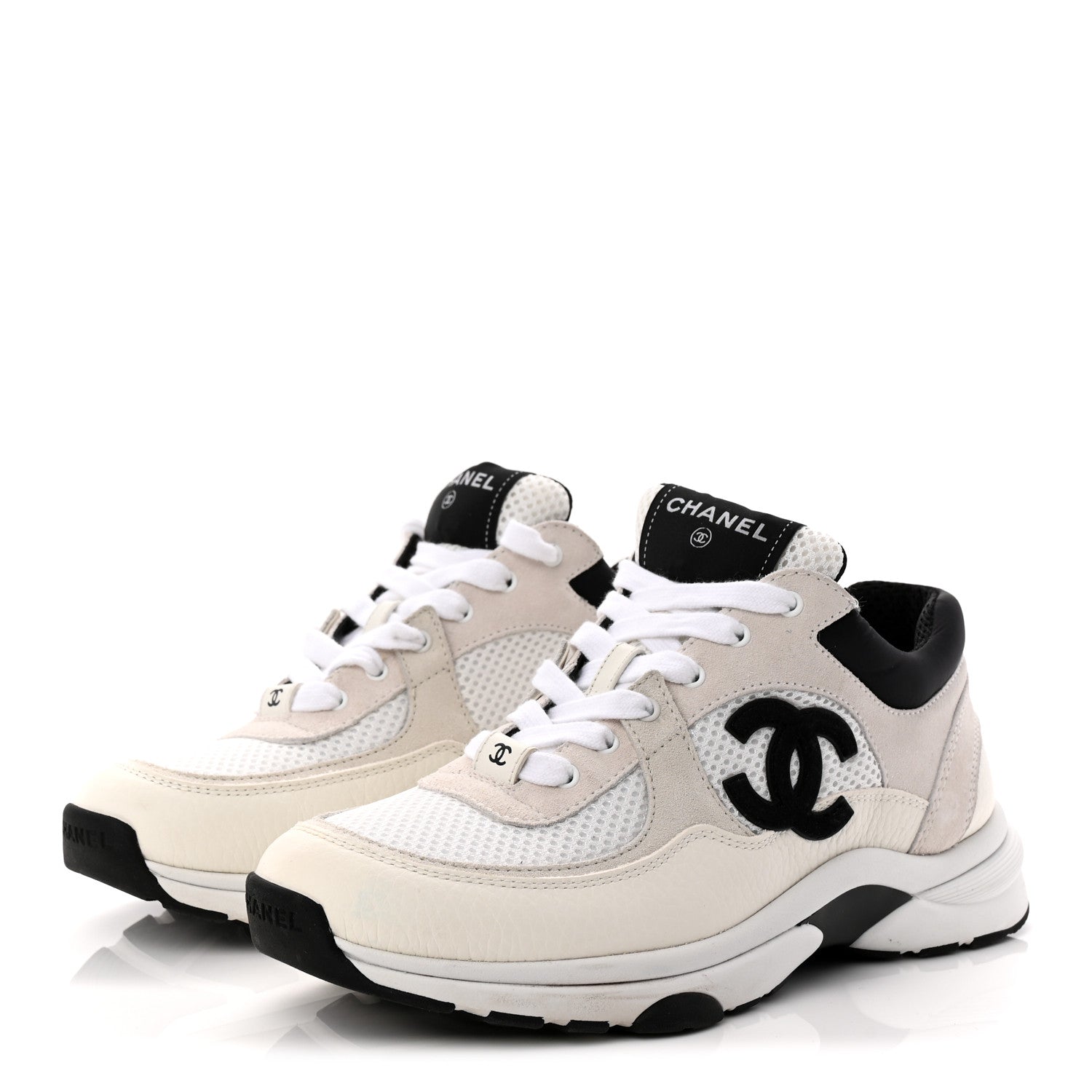 Chanel Mesh Suede Calfskin Grained Calfskin Womens CC Sneakers 37.5 White Black 3 of 11