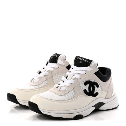 Chanel Mesh Suede Calfskin Grained Calfskin Womens CC Sneakers 37.5 White Black 3 of 11