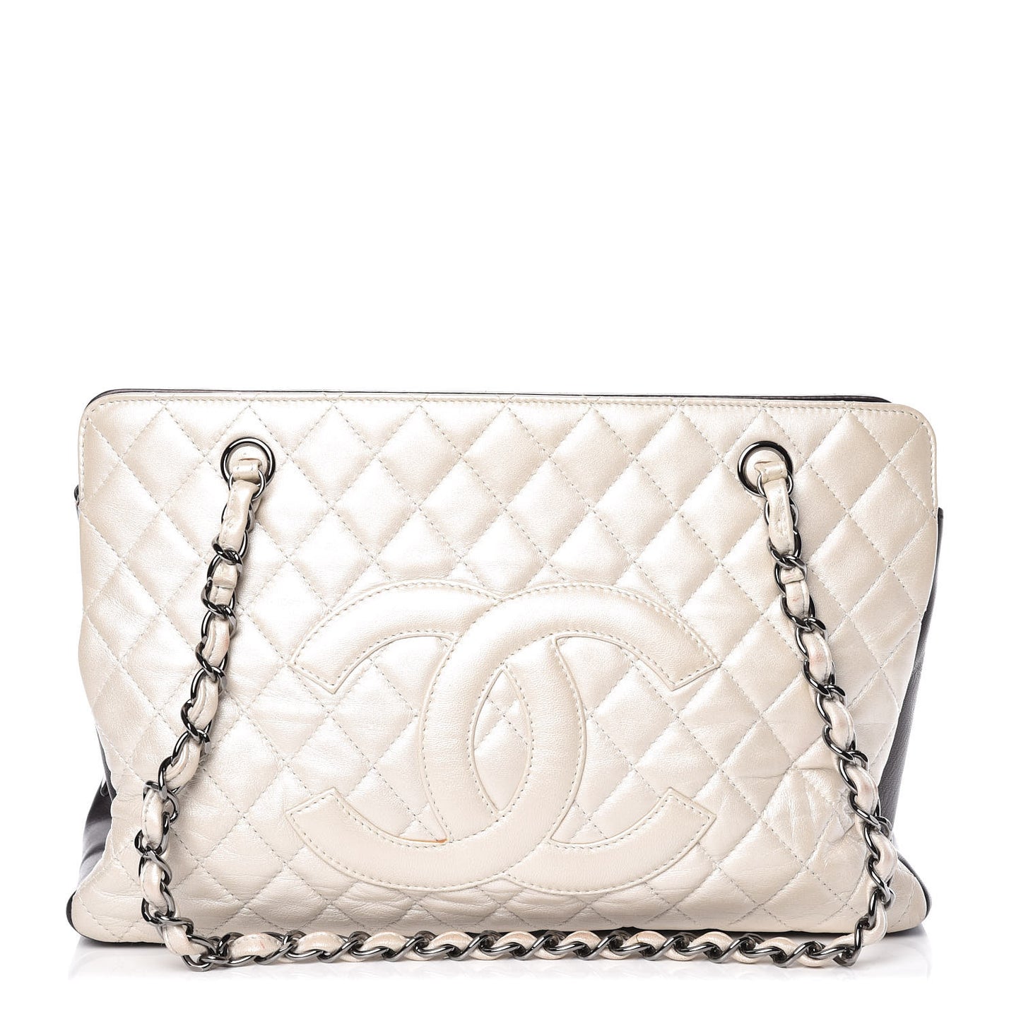 Metallic Lambskin Quilted Mademoiselle Tote Pearl