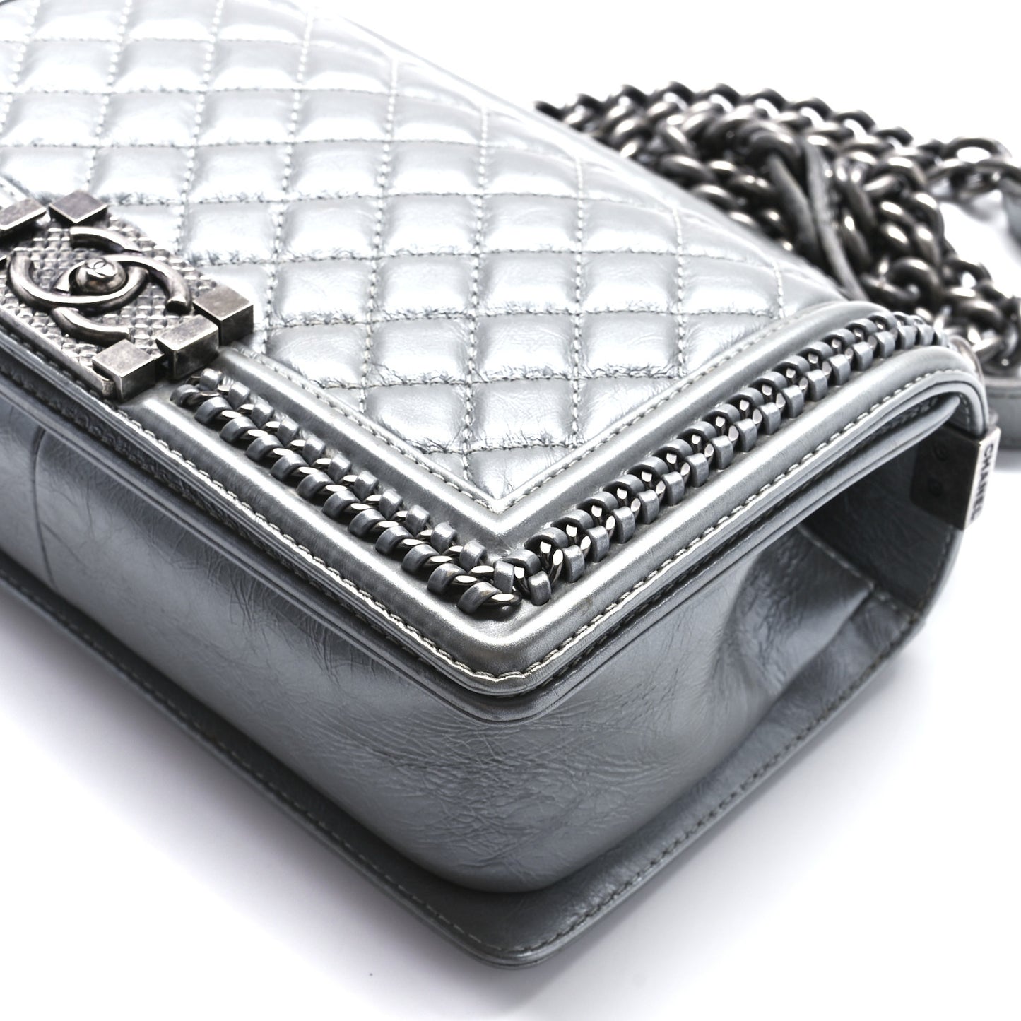 Metallic Aged Calfskin Quilted Medium Top Handle Boy Flap Silver
