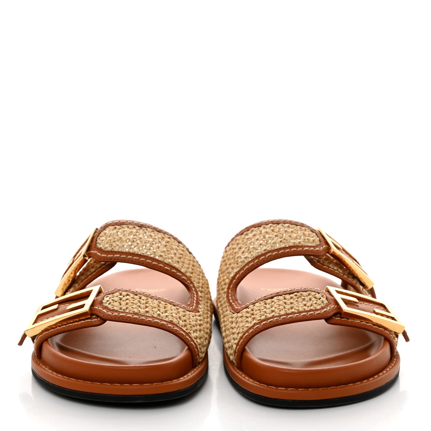 Fendi Raffia Vitello Womens Fendi Feel Buckled Slide Sandals 37.5 Paglia Brandy 2 of 8