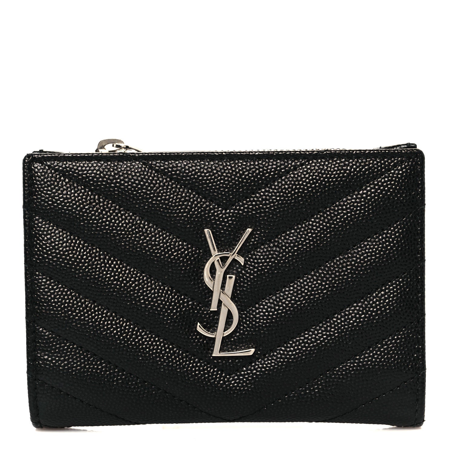 Saint Laurent Grain De Poudre Matelasse Chevron Monogram Zipped Two-Part Wallet Black 1 of 11