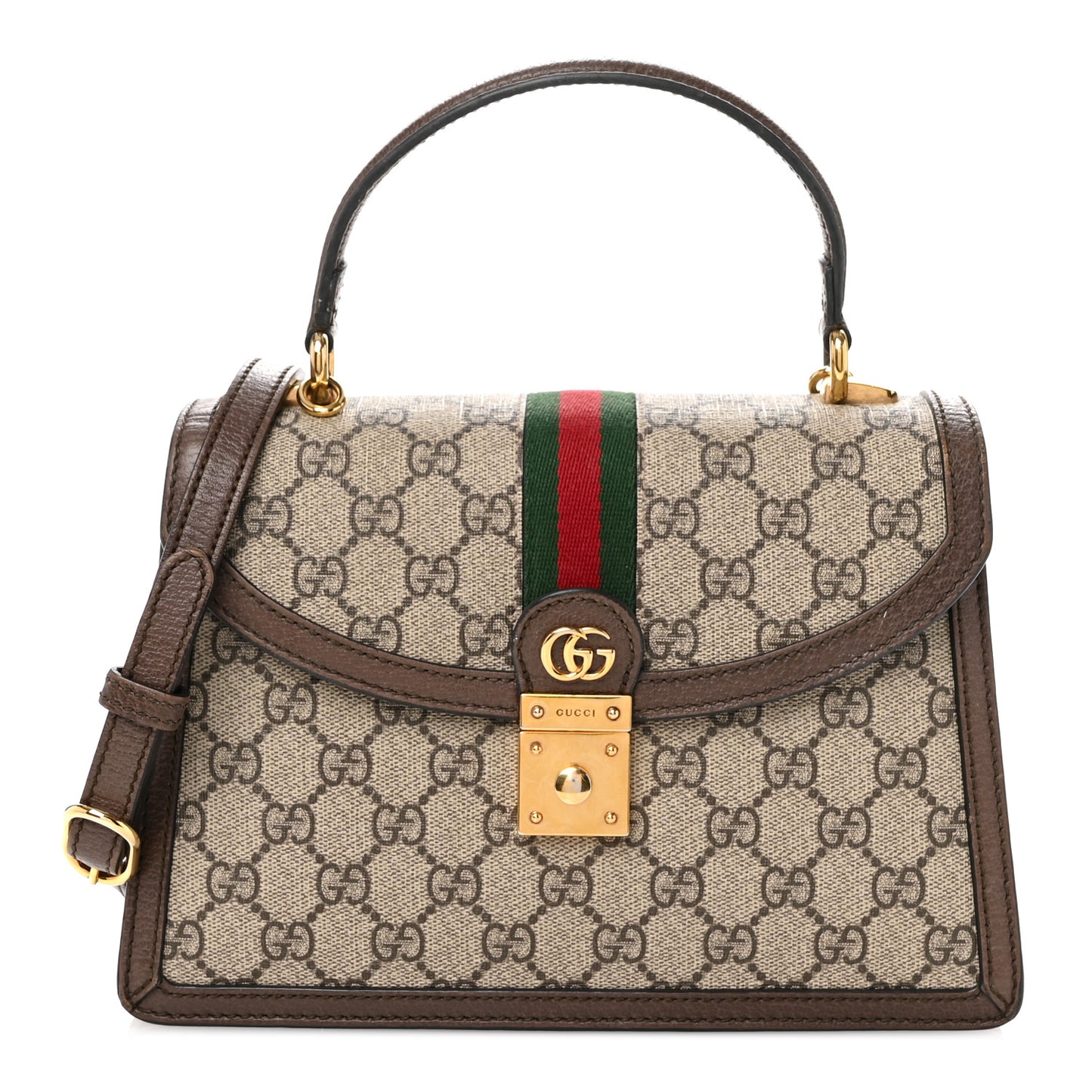 GG Supreme Monogram Textured Dollar Calfskin Web Small Ophidia Padlock Top Handle Bag Beige Ebony New Acero