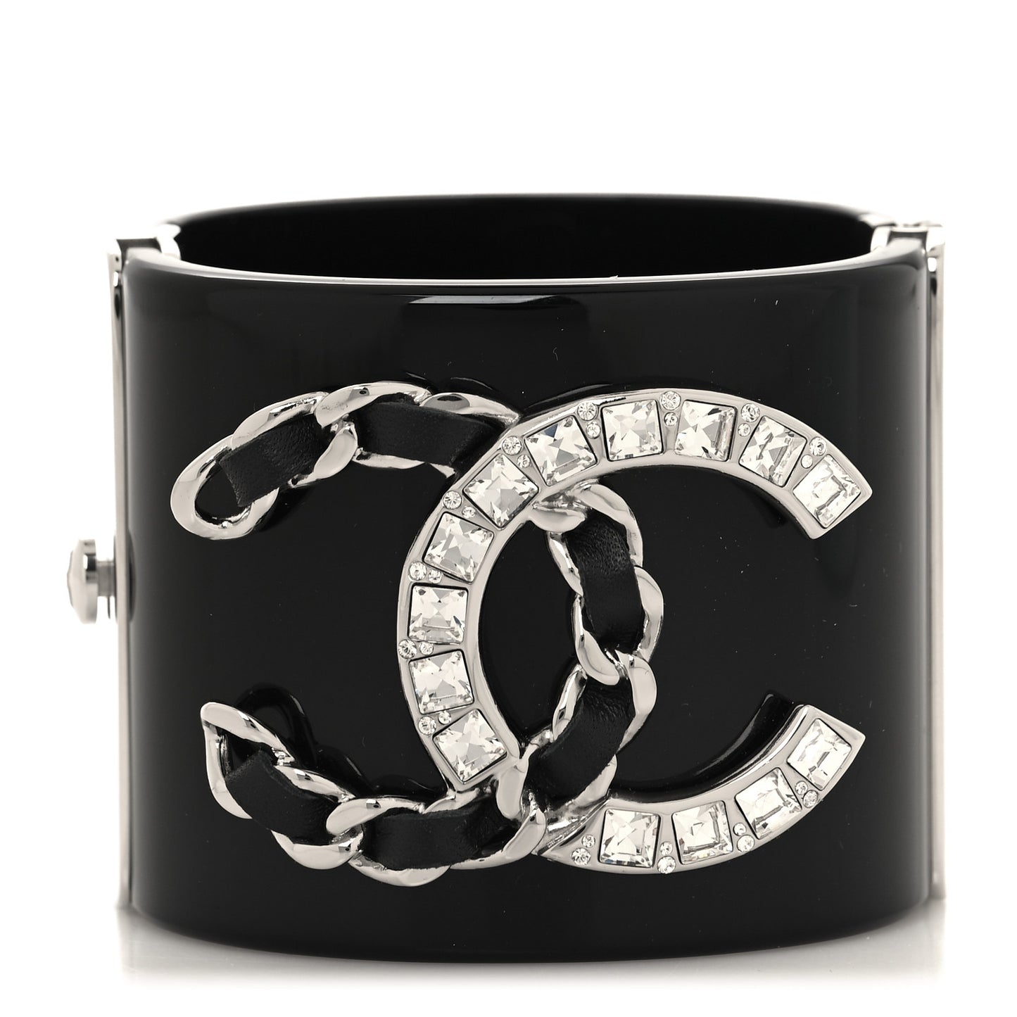 Resin Lambskin Baguette Crystal CC Chain Cuff Bracelet S Black