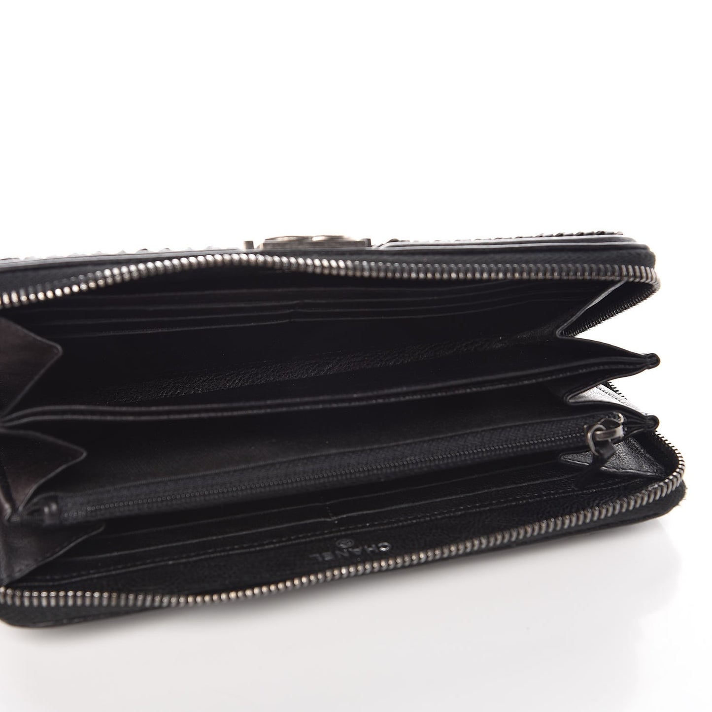 Calfskin Quilted Boy Chain Large Gusset Zip Around Wallet Black