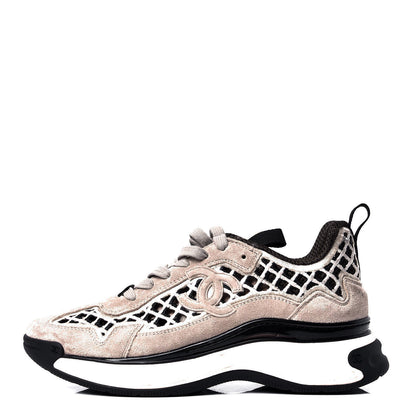 Chanel Suede Calfskin Embroidered CC Sneakers 37 Beige Black 1 of 6