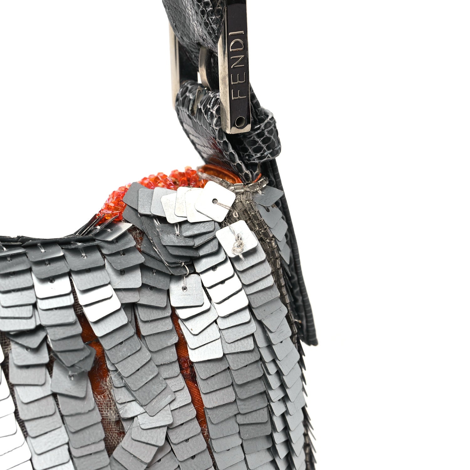 Fendi Sequin Beaded Lizard Baguette Silver Orange 12 of 12