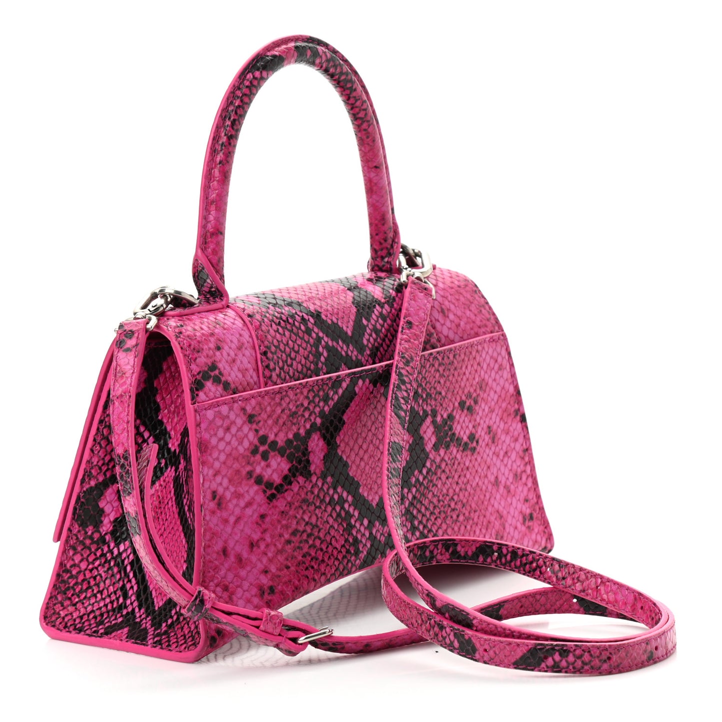 Shiny Calfskin Python Effect Small Hourglass Top Handle Bag Fuchsia Black