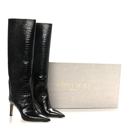Jimmy Choo Calfskin Crocodile Embossed Mavis 85 Tall Boots 41 Black 7 of 7