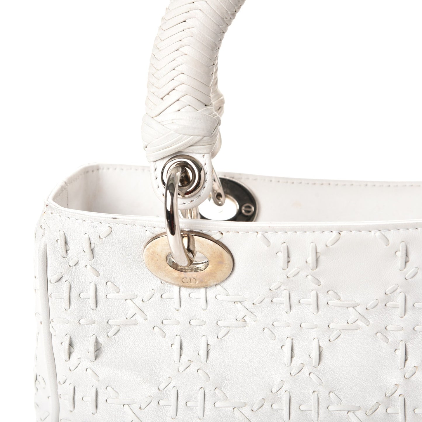 Lambskin Stitched Woven Medium Lady Dior White