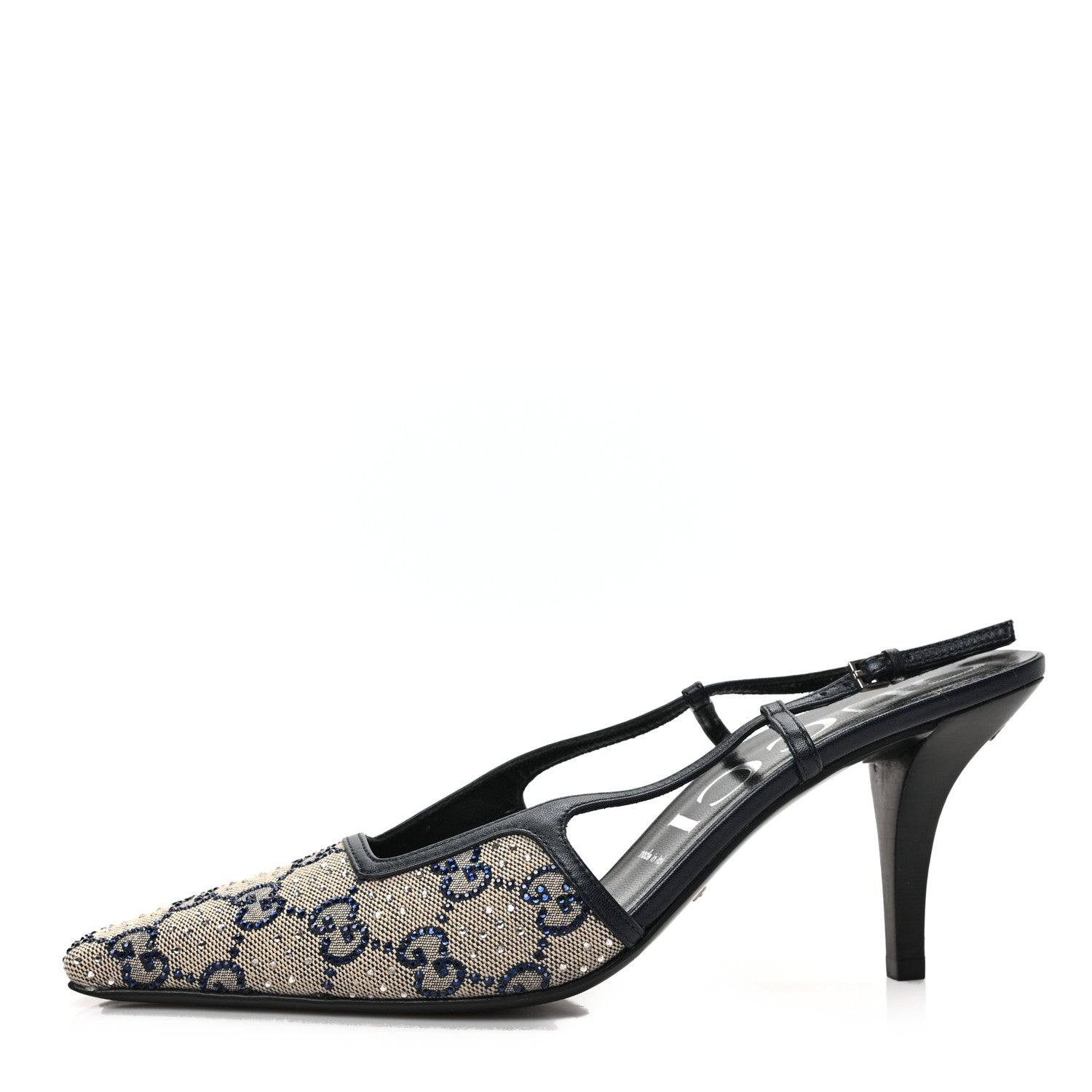 Gucci GG Monogram Malaga Kid Crystal Square G 75mm Slingback Pumps 39 Beige Blue 1 of 8