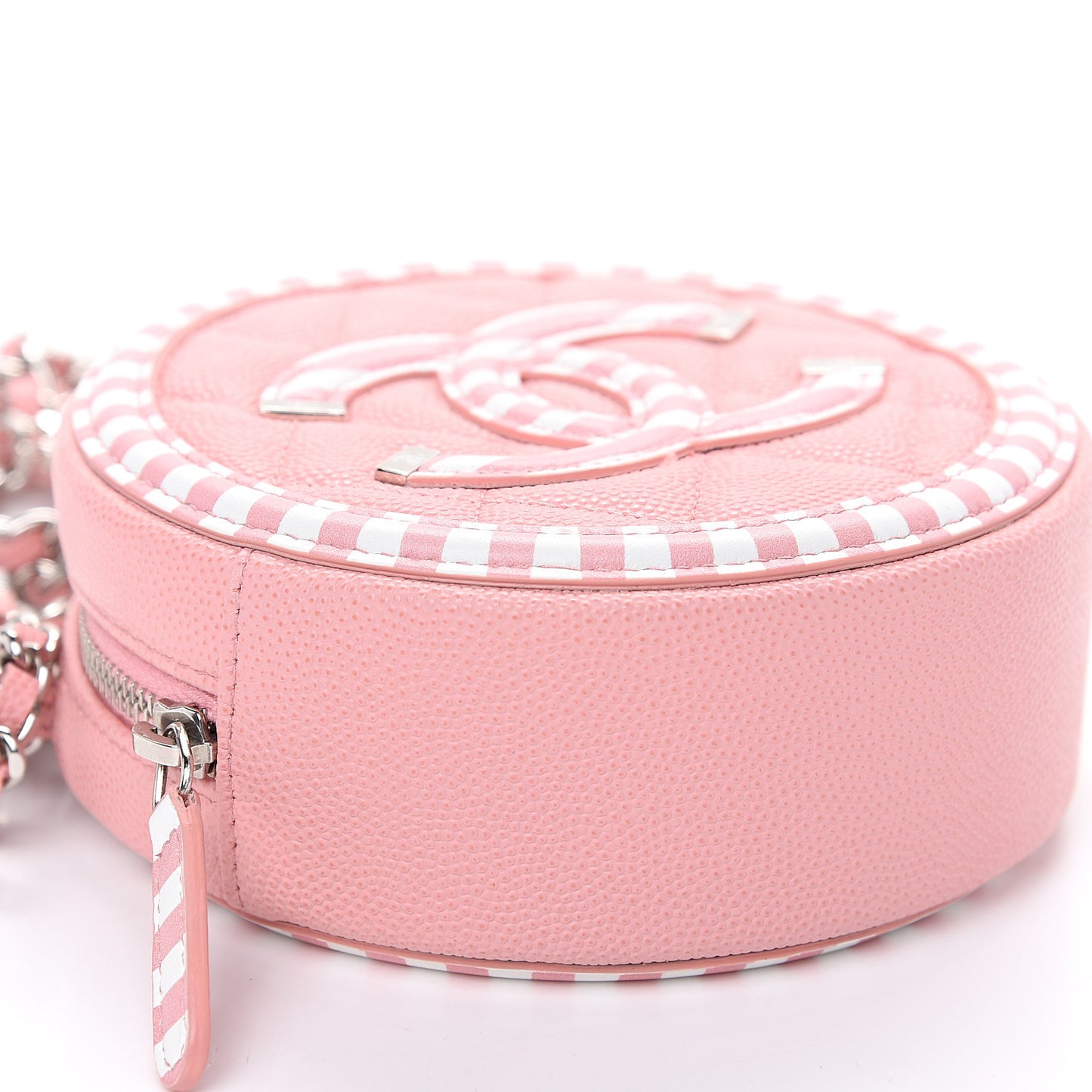 Caviar Quilted Filigree Round Clutch With Chain Pink White