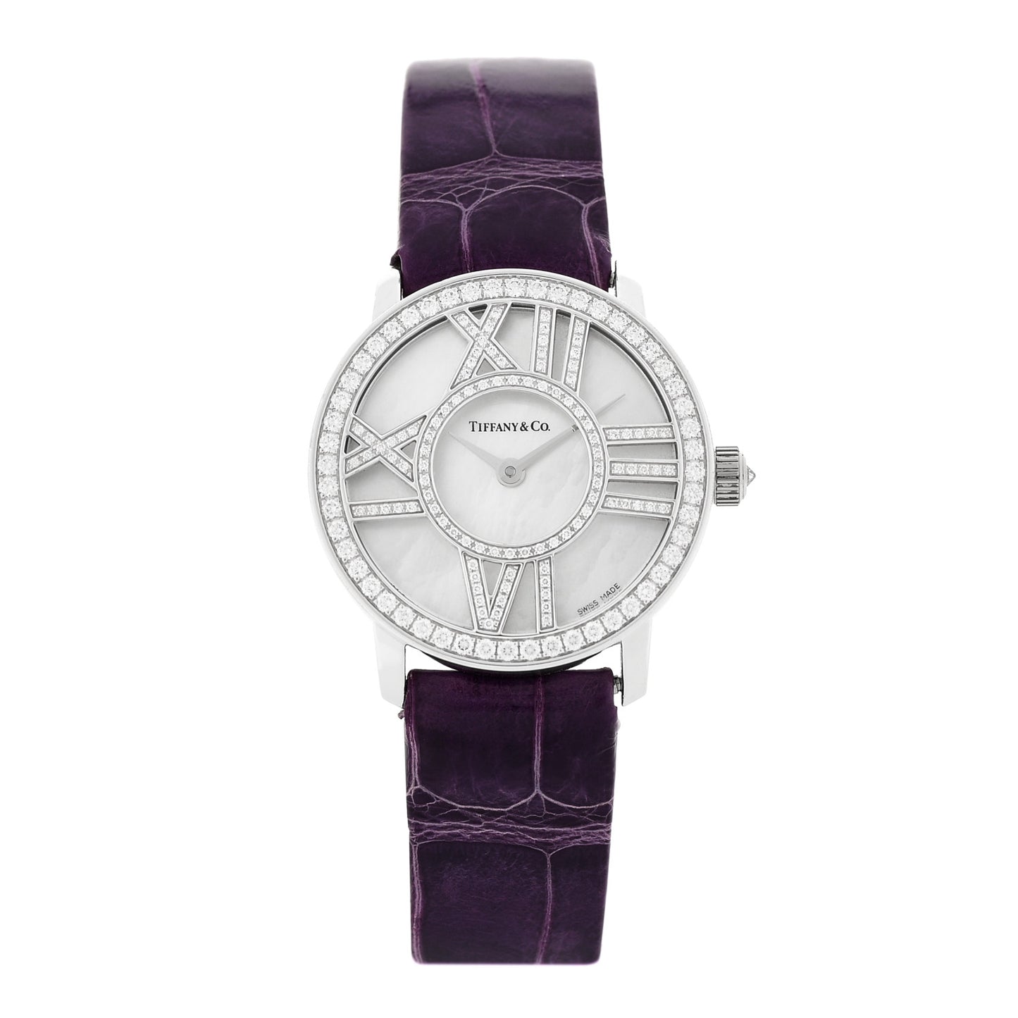 18K White Gold Alligator Diamond Mother of Pearl 26mm Atlas Round Cocktail Quartz Watch