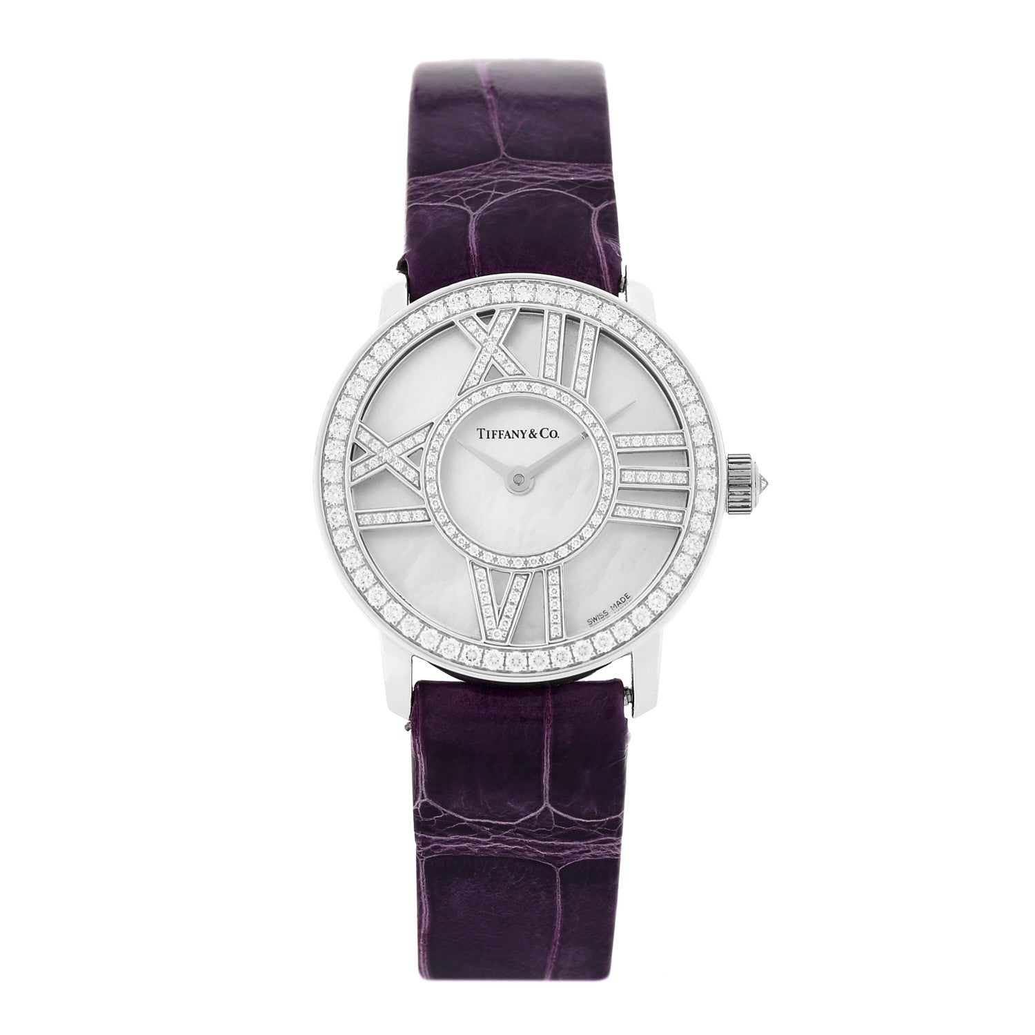 Tiffany 18K White Gold Alligator Diamond Mother of Pearl 26mm Atlas Round Cocktail Quartz Watch 1 of 5