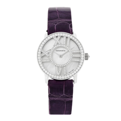 Tiffany 18K White Gold Alligator Diamond Mother of Pearl 26mm Atlas Round Cocktail Quartz Watch 1 of 5