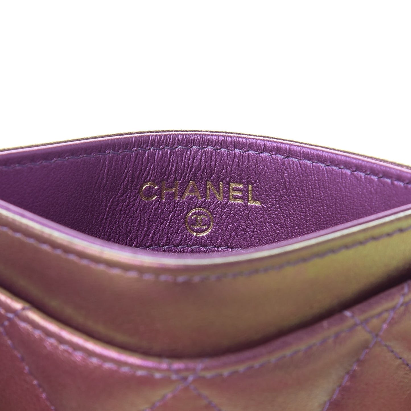 Iridescent Lambskin Quilted Card Holder Purple