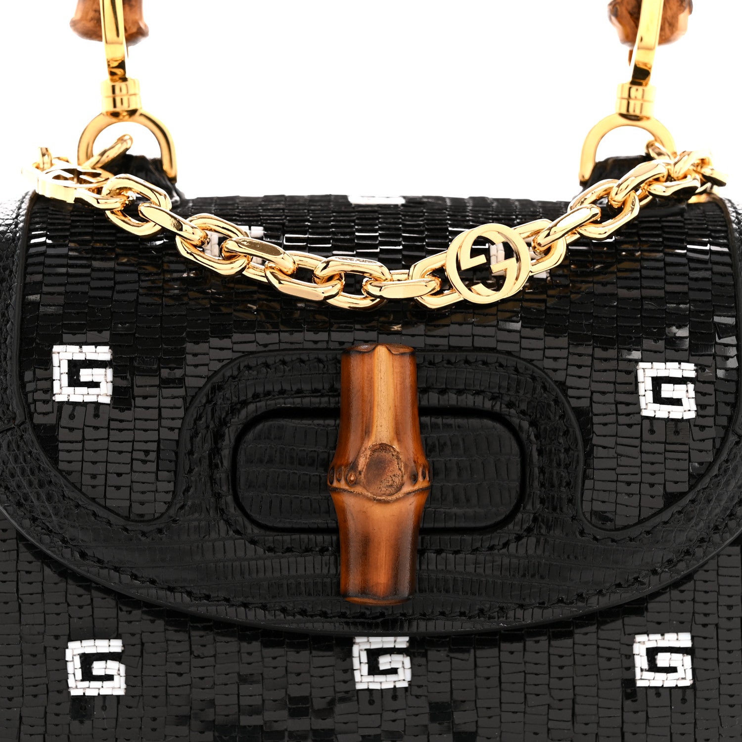 Gucci Sequin Lizard Embossed GG Mini Bamboo 1947 Top Handle Chain Bag Black White 8 of 10