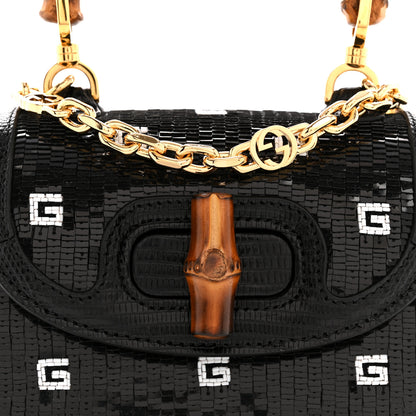 Gucci Sequin Lizard Embossed GG Mini Bamboo 1947 Top Handle Chain Bag Black White 8 of 10