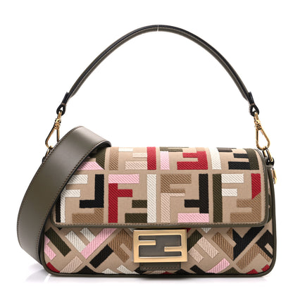Fendi Canvas Vitello Seta FF Multicolor Embroidered Baguette Sand Avocado Multicolor 1 of 10