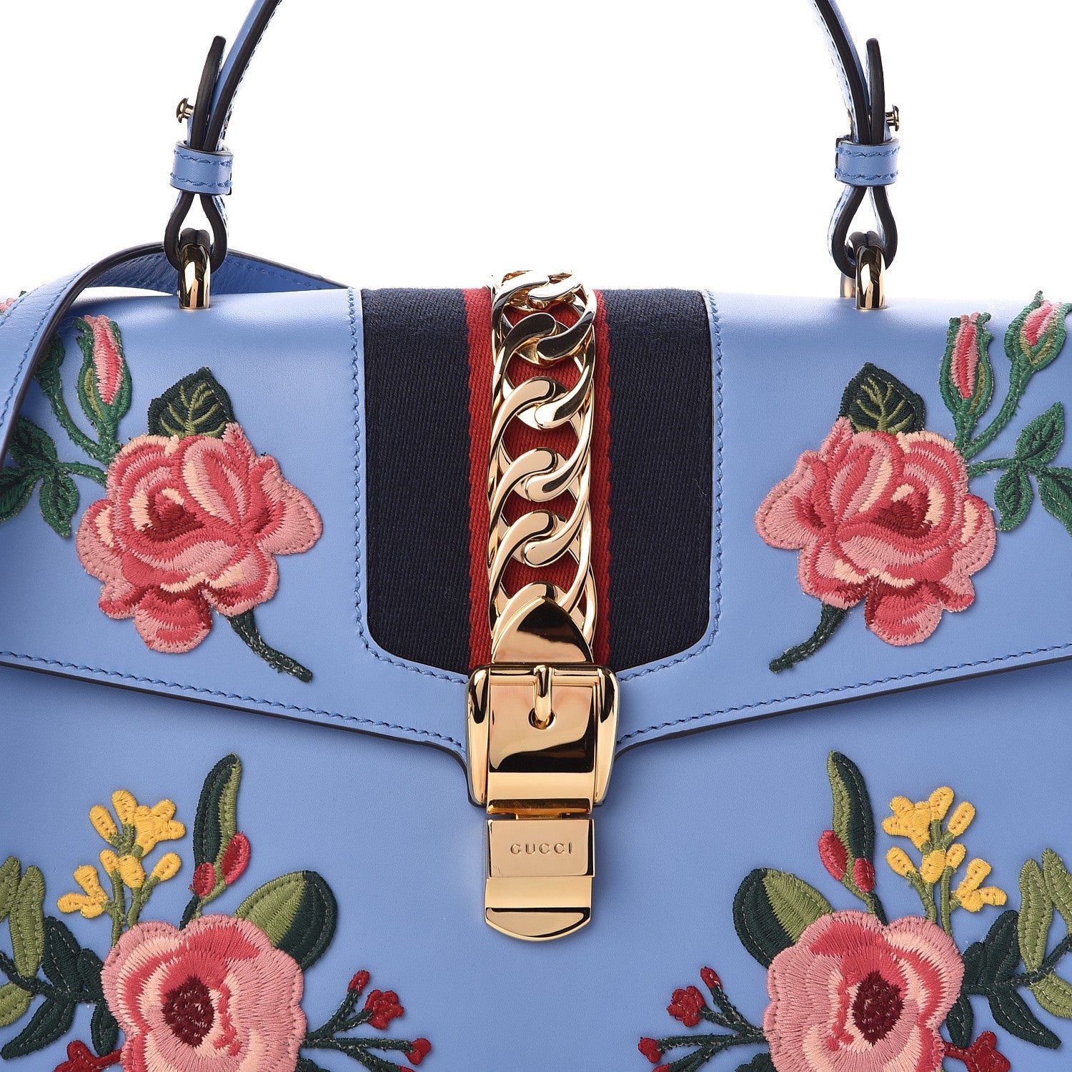Gucci Calfskin Embroidered Medium Sylvie Top Handle Bag Clear Sky Blue 8 of 10