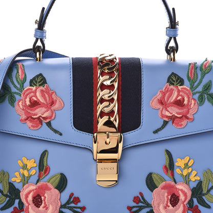 Gucci Calfskin Embroidered Medium Sylvie Top Handle Bag Clear Sky Blue 8 of 10