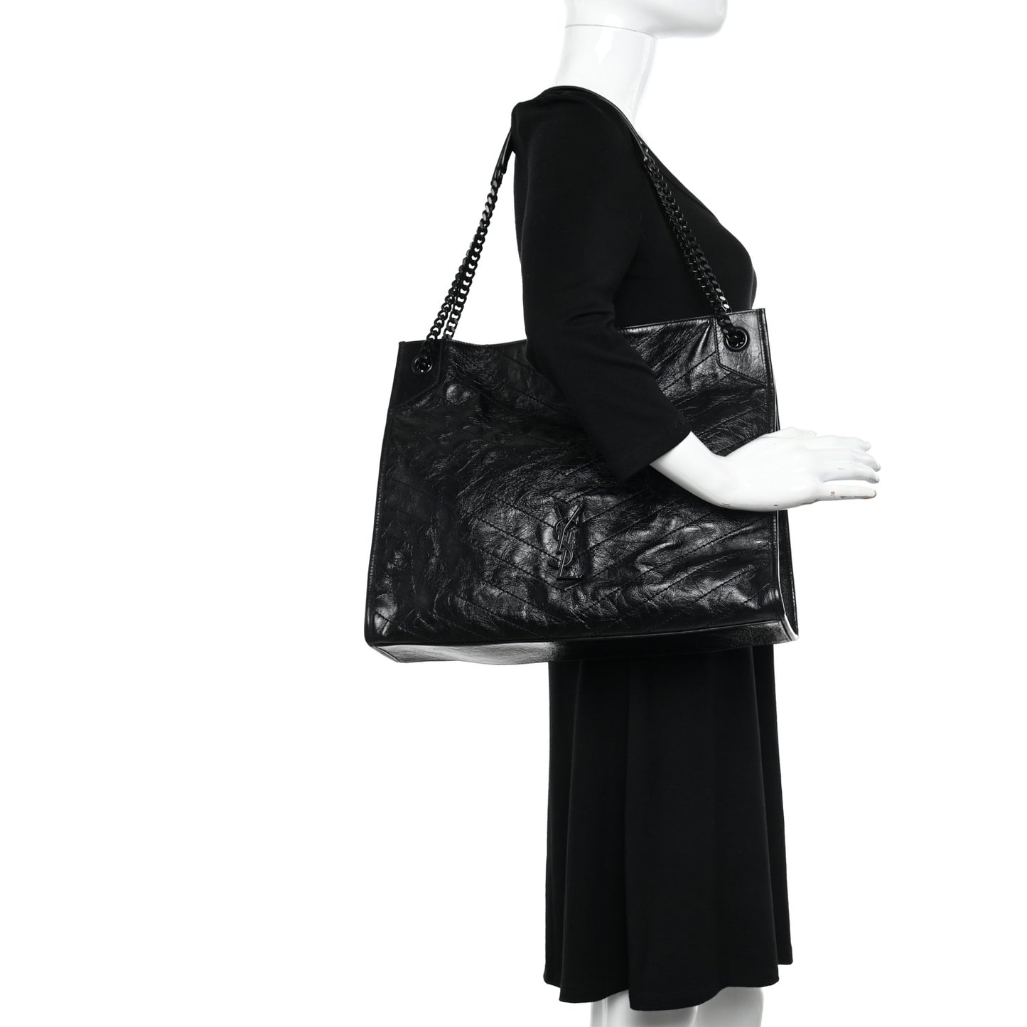 Crinkled Calfskin Matelasse Monogram Large Niki Shopper Tote Black
