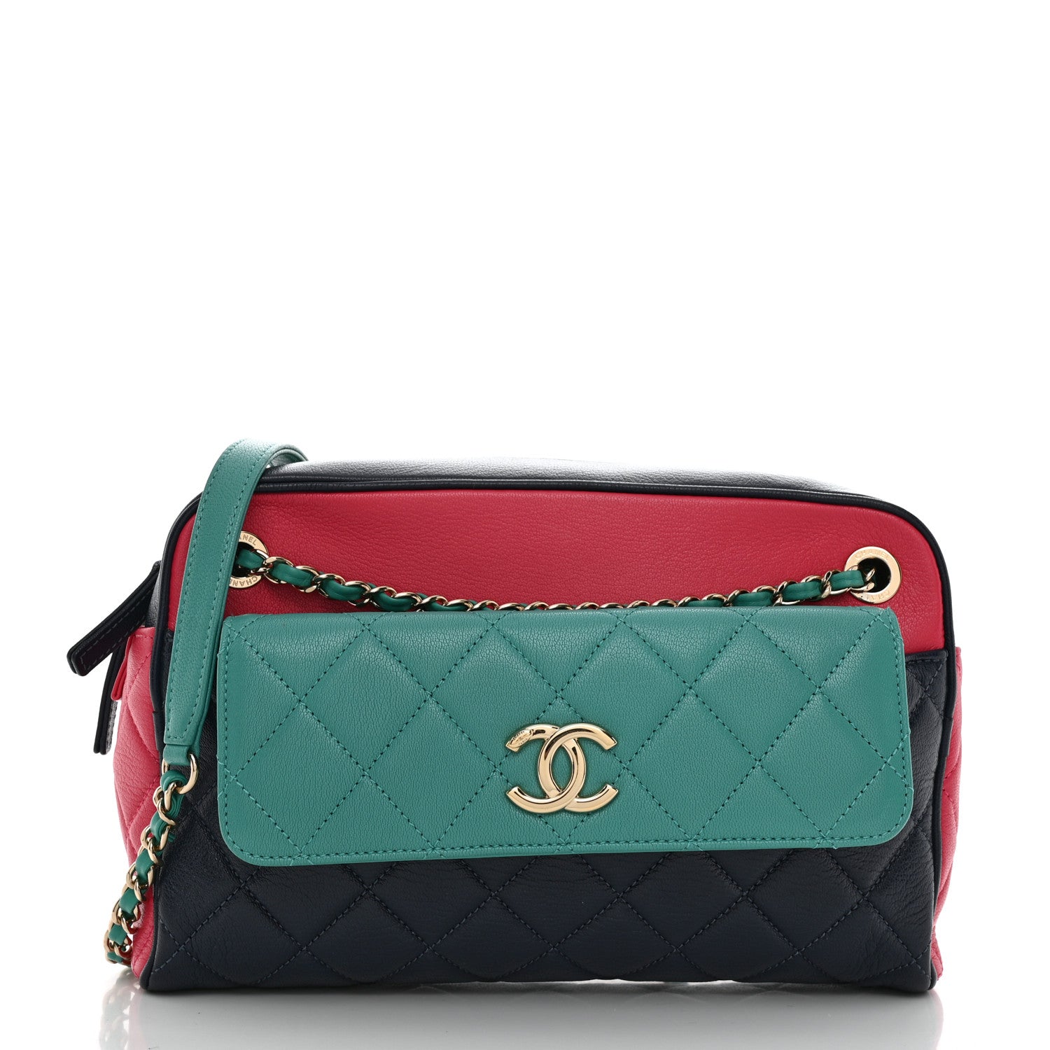 Chanel Goatskin Quilted Tri-Color Medium In & Out Camera Case Navy Turquoise Pink 4 of 14