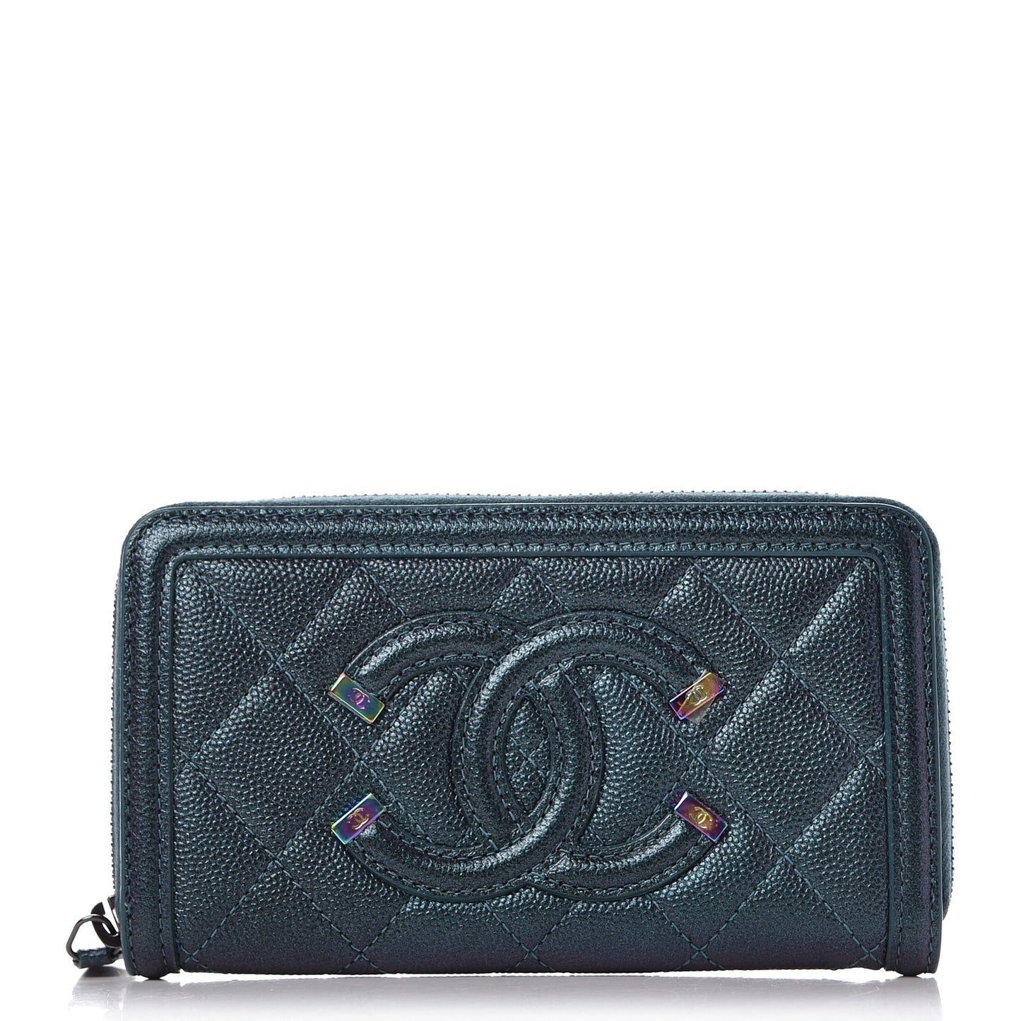 Iridescent Caviar Quilted Medium Filigree Zip Around Wallet Dark Turquoise