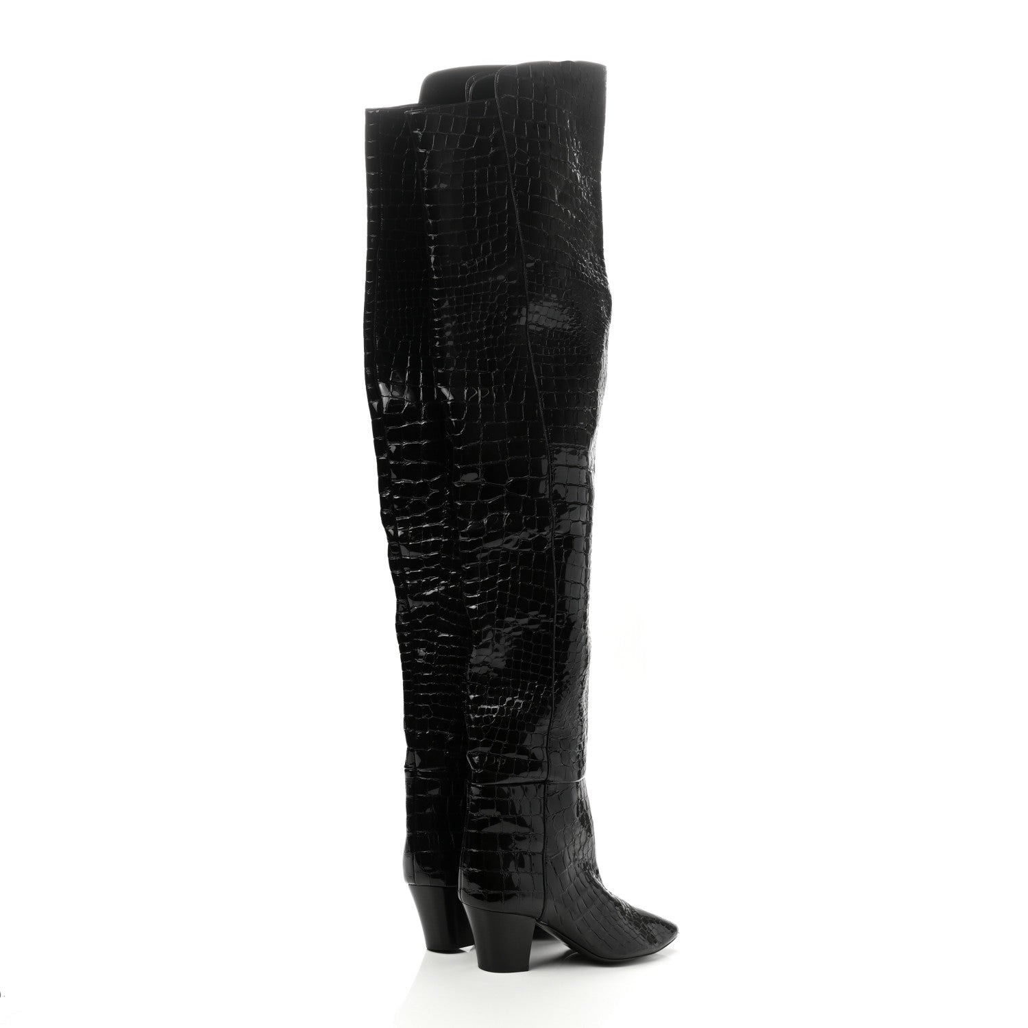 Saint Laurent Calfskin Crocodile Embossed Kim Thigh High Boots 39 Black 4 of 7